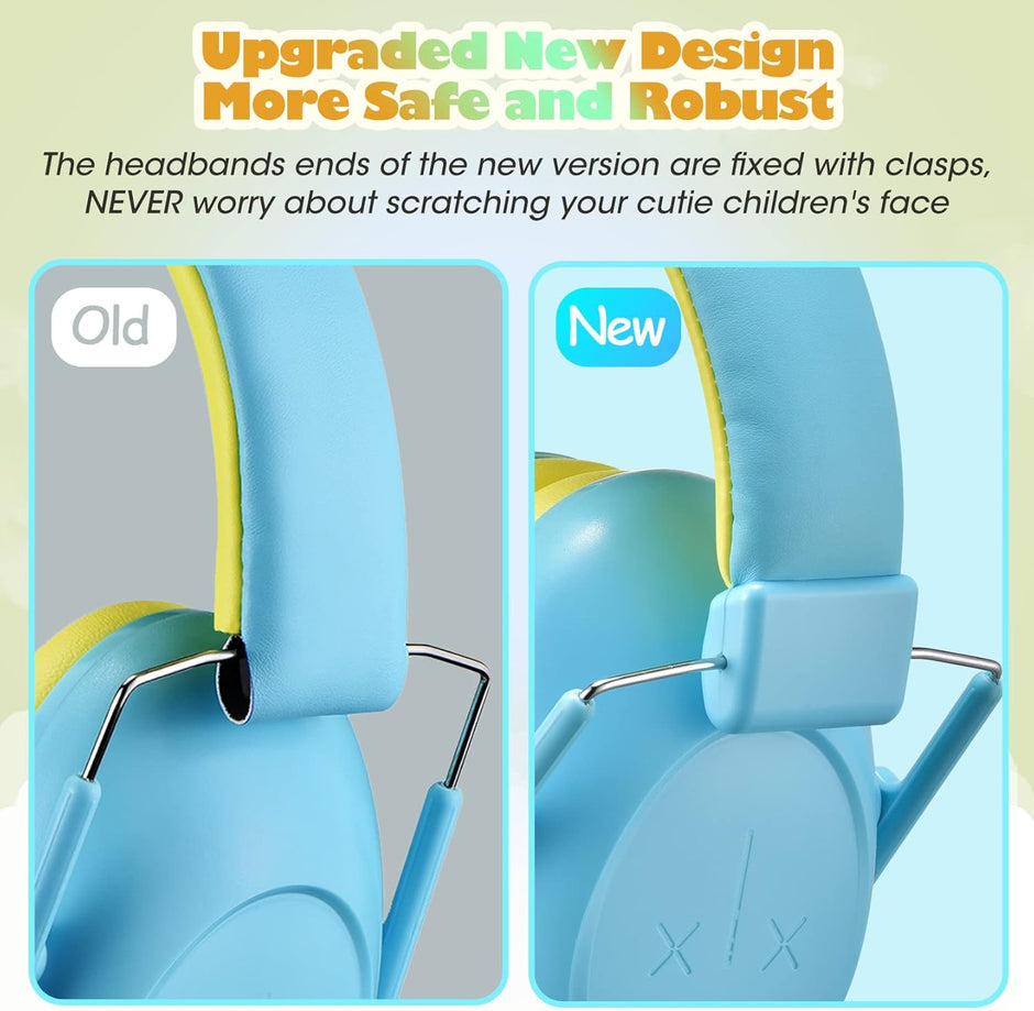 Comparison of old and new headband designs with clasps on a light green background for the sensory ear defenders