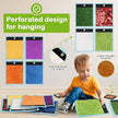 Colorful perforated mats with a child playing with one of them, highlighting the design for hanging.