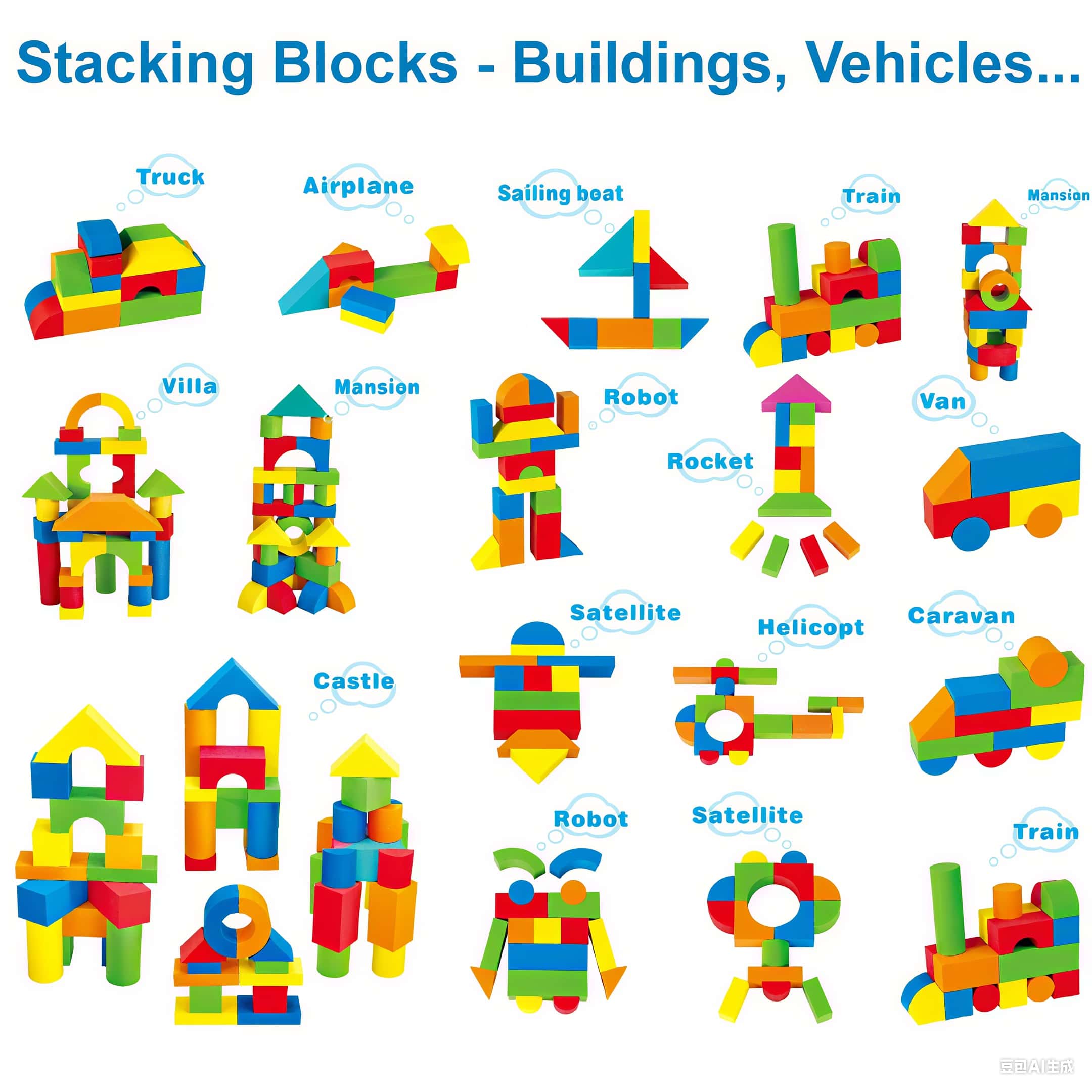 Sensory Foam Blocks 46-Piece Set showing vibrant foam blocks with different shapes and what can be created individually for tactile play