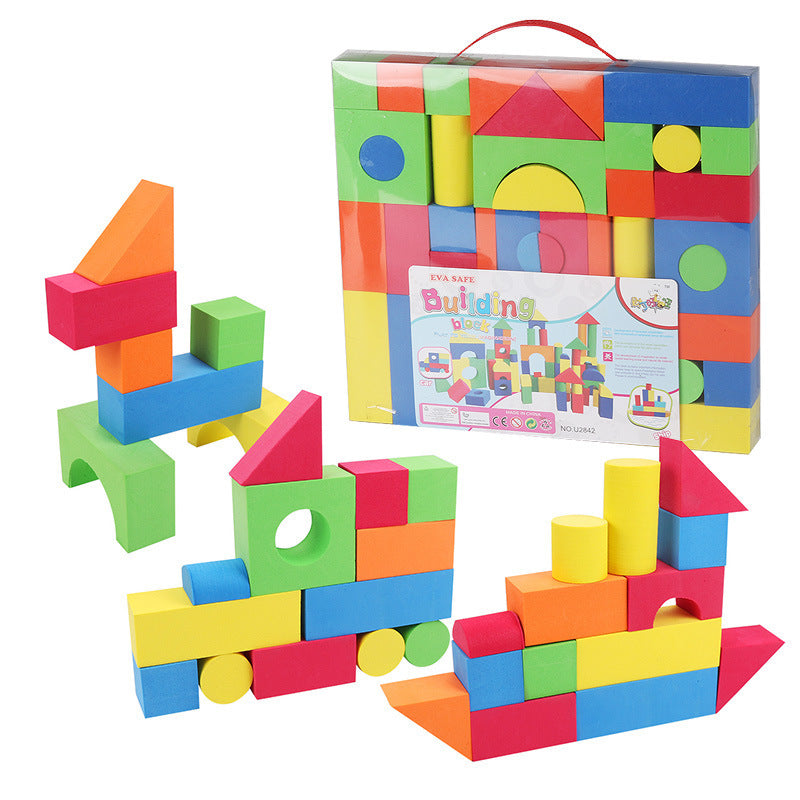 Sensory Foam Blocks 46 Piece Set -Colourful building blocks set with a carrying case showing these blocks can be portable for any location 