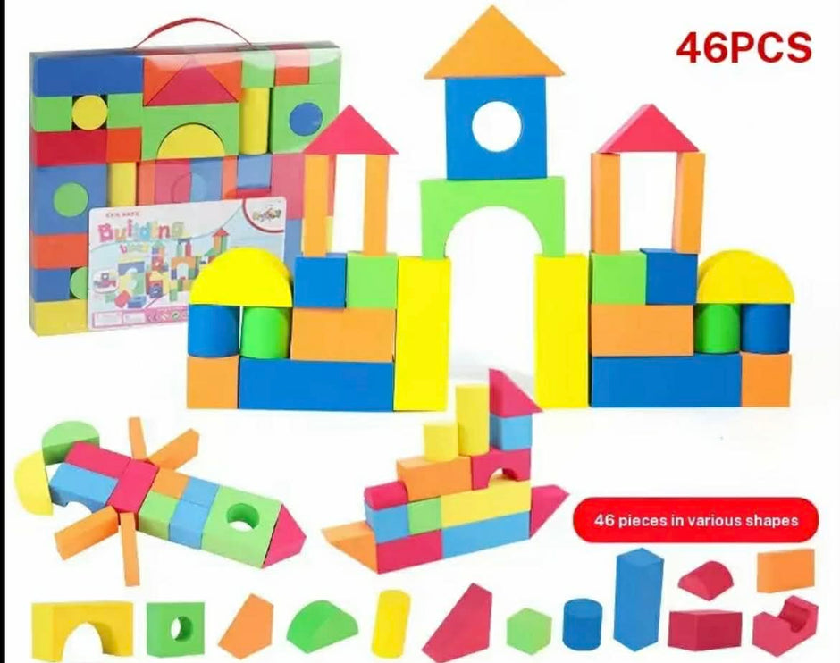 Sensory Foam Blocks 46 Piece Set - Colourful building blocks set with a box labelled '46 PCS' and '46 pieces in various shapes'.