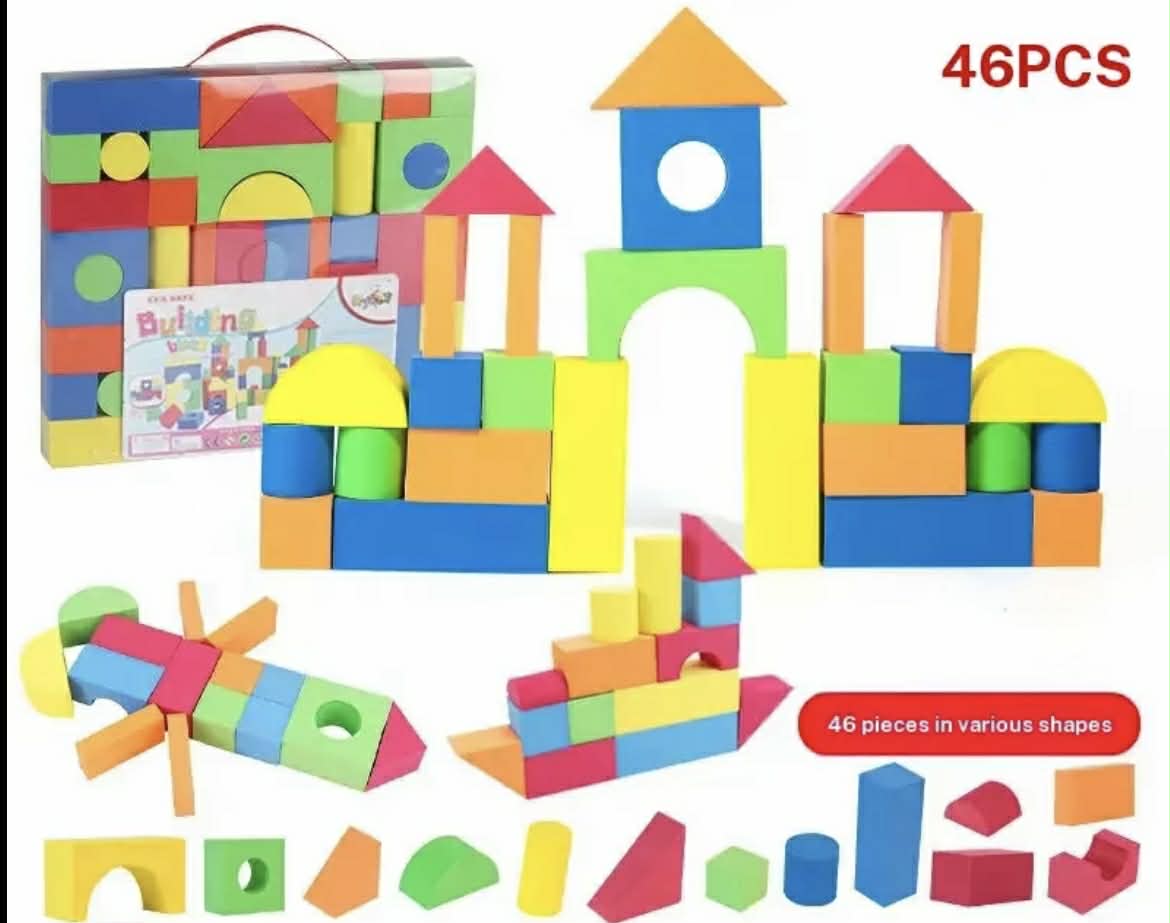 Sensory Foam Blocks 46 Piece Set - Colourful building blocks set with a box labelled '46 PCS' and '46 pieces in various shapes'.