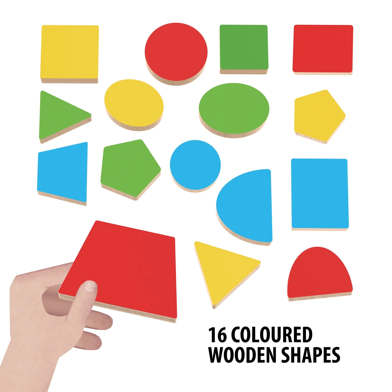 Set of 16 colored wooden shapes with a hand holding a red square, on a white background.