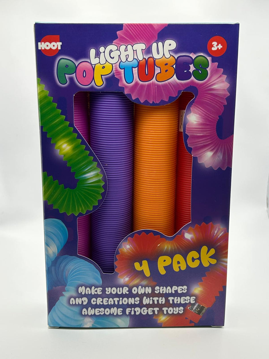 Box of Hoot Light Up Pop Tubes with purple and orange tubes on a white background