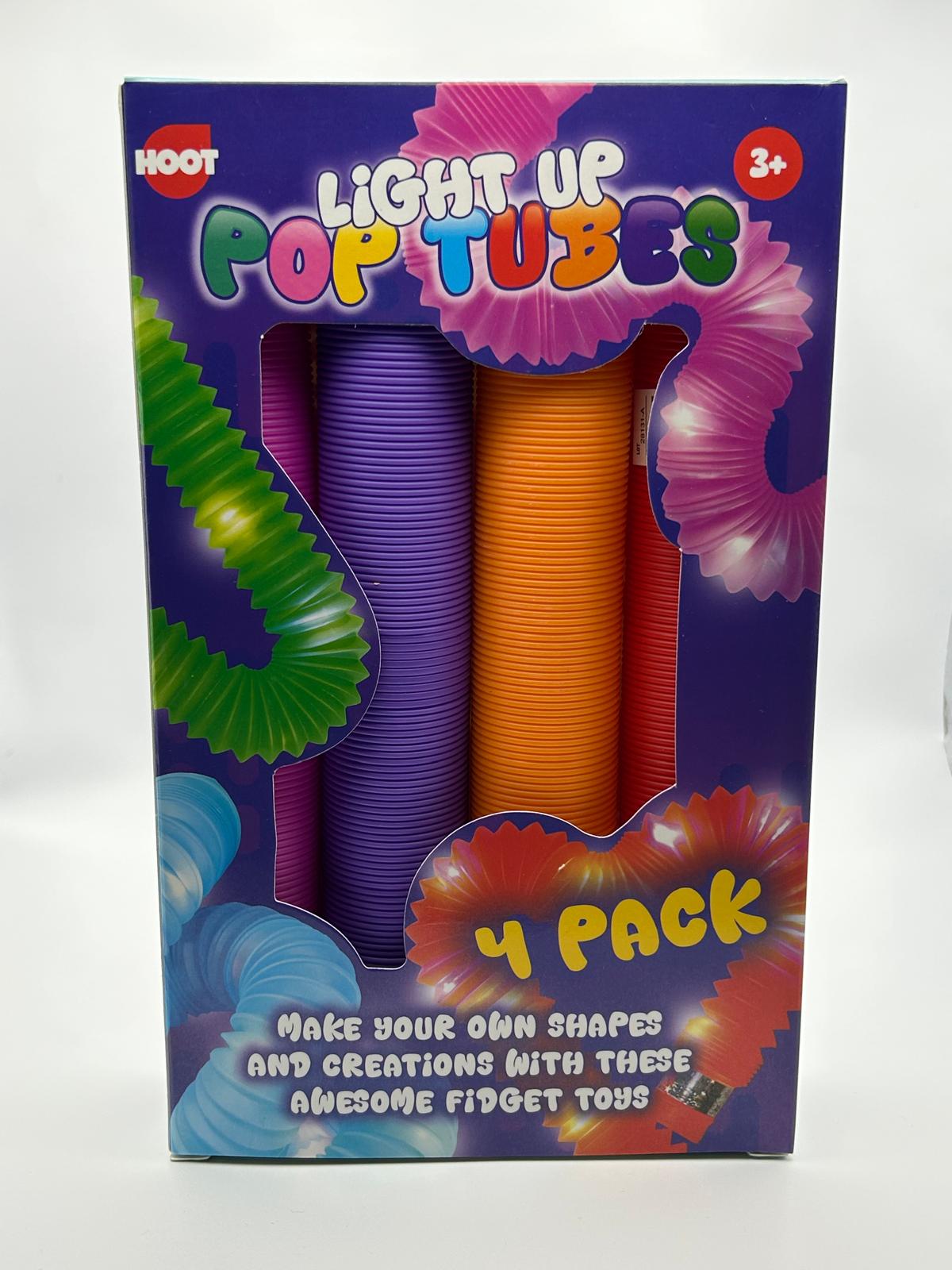Box of Hoot Light Up Pop Tubes with purple and orange tubes on a white background
