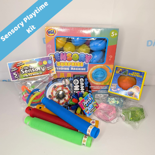 Sensory playtime kit with various colorful toys and tools on a white background