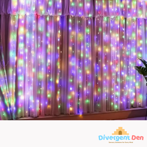 Sensory LED curtain lights with multi-colour fairy lights for neurodivergent children visual stimulation.