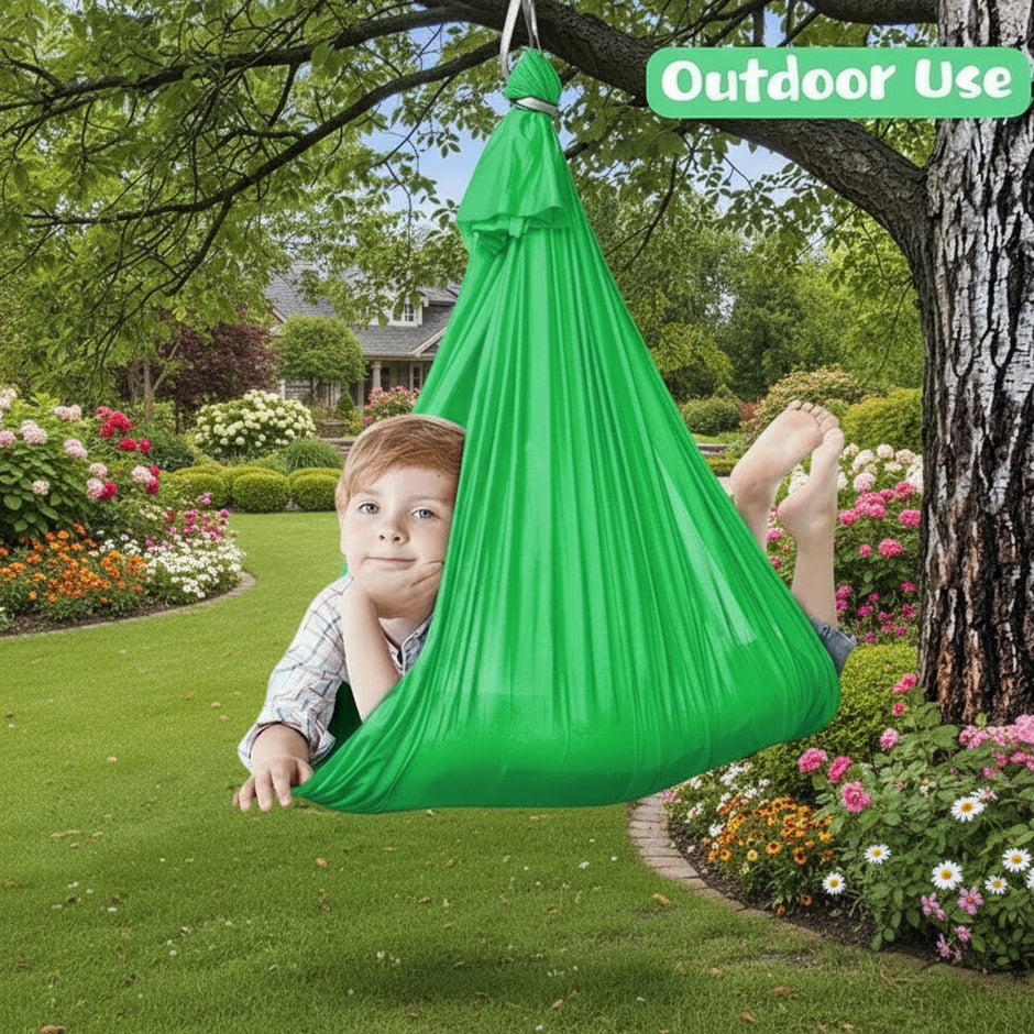 sensory swing outside showing how it can be used outside or inside Sensory Swing Pod calms and regulates | The Divergent Den