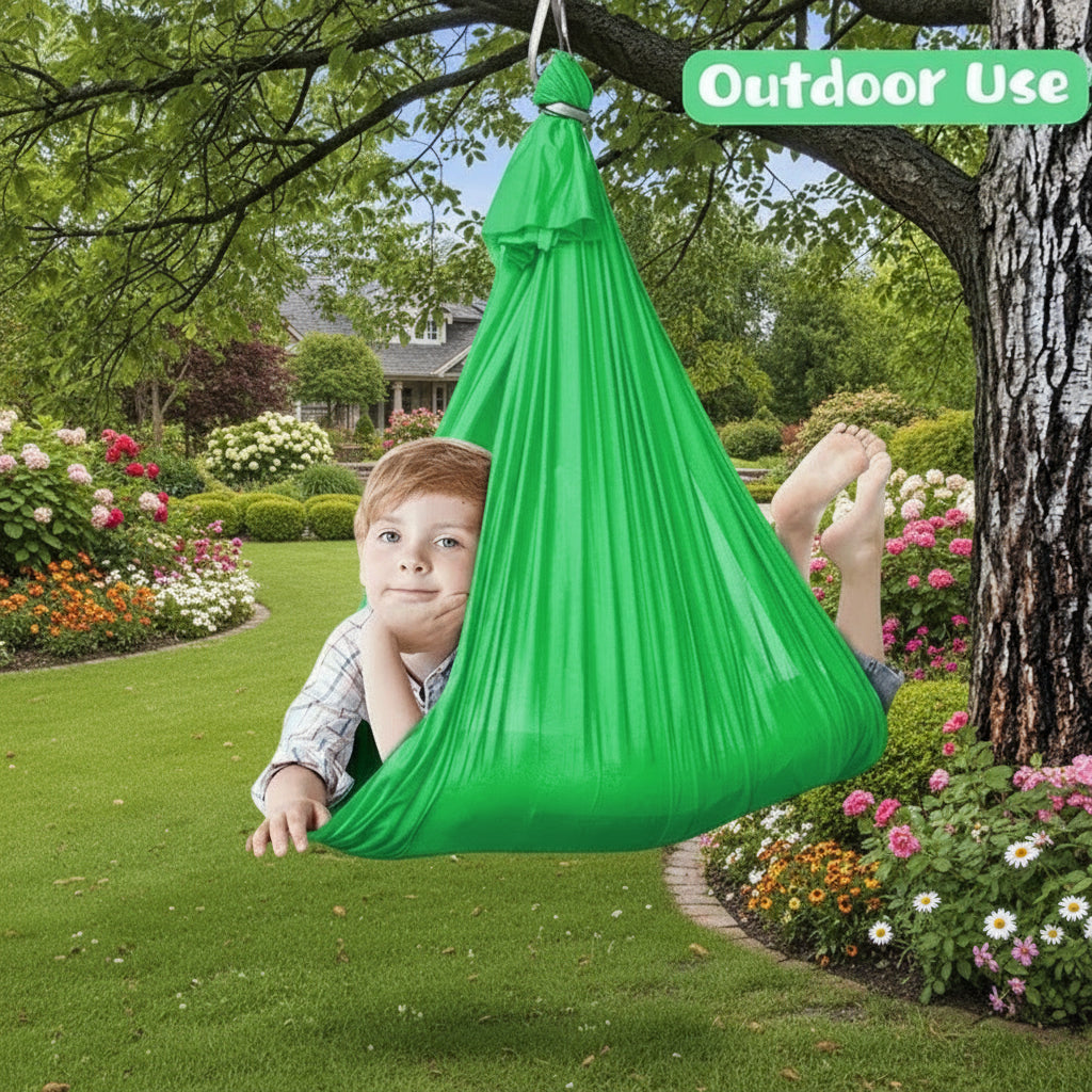 sensory swing outside showing how it can be used outside or inside Sensory Swing Pod calms and regulates | The Divergent Den