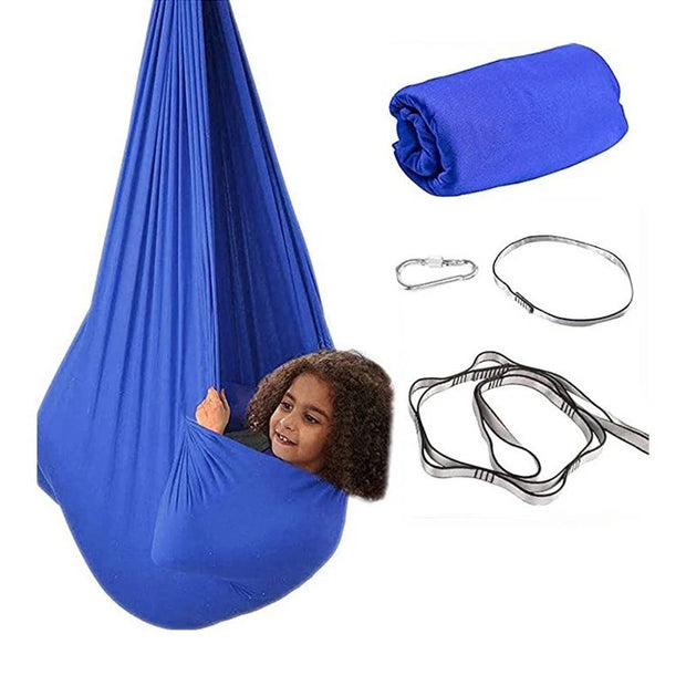 Blue sensory swing image including the fixtures. Sensory Swing calms and regulates | The Divergent Den