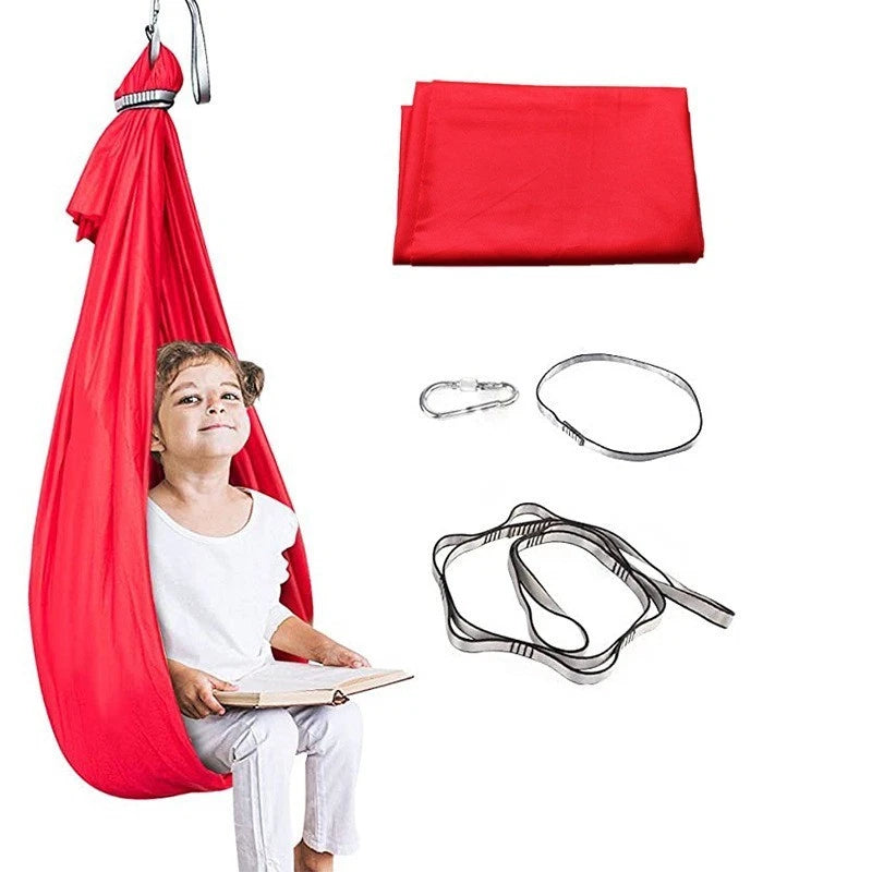Red sensory swing image including the fixtures. Sensory Swing calms and regulates | The Divergent Den