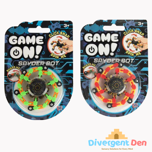 Two packages of Spyder Bot toys with colorful designs on a white background.