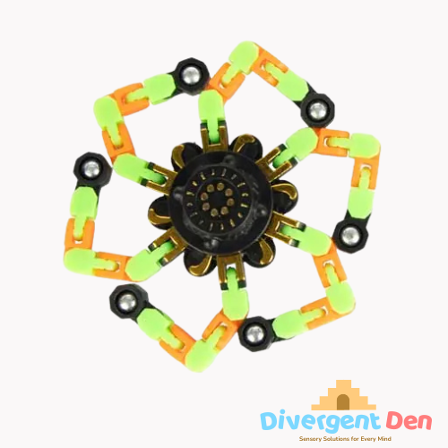 Colorful geometric toy structure with black centers on a white background, branded 'Divergent Den'.