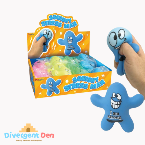 Blue stress man toy with packaging and 'I am strong' text, Divergent Den brand visible