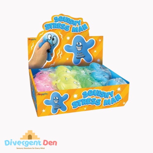 Box of Squishy Stress Man toys with colorful packaging and visible brand logo.