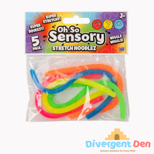 Pack of Oh So Sensory Stretch Noodlez with colorful noodles inside, on a white background.