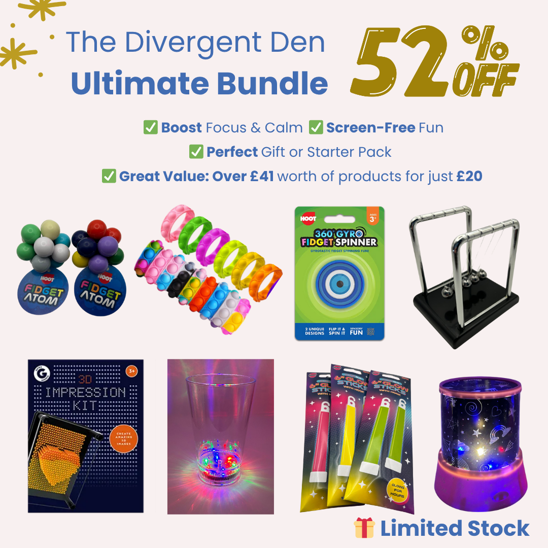 The Divergent Den Ultimate Sensory Bundle with fidget toys, calming lights and tactile tools for neurodivergent children