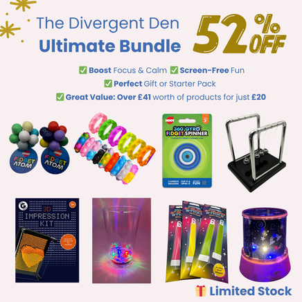 The Divergent Den Ultimate Sensory Bundle with fidget toys, calming lights and tactile tools for neurodivergent children