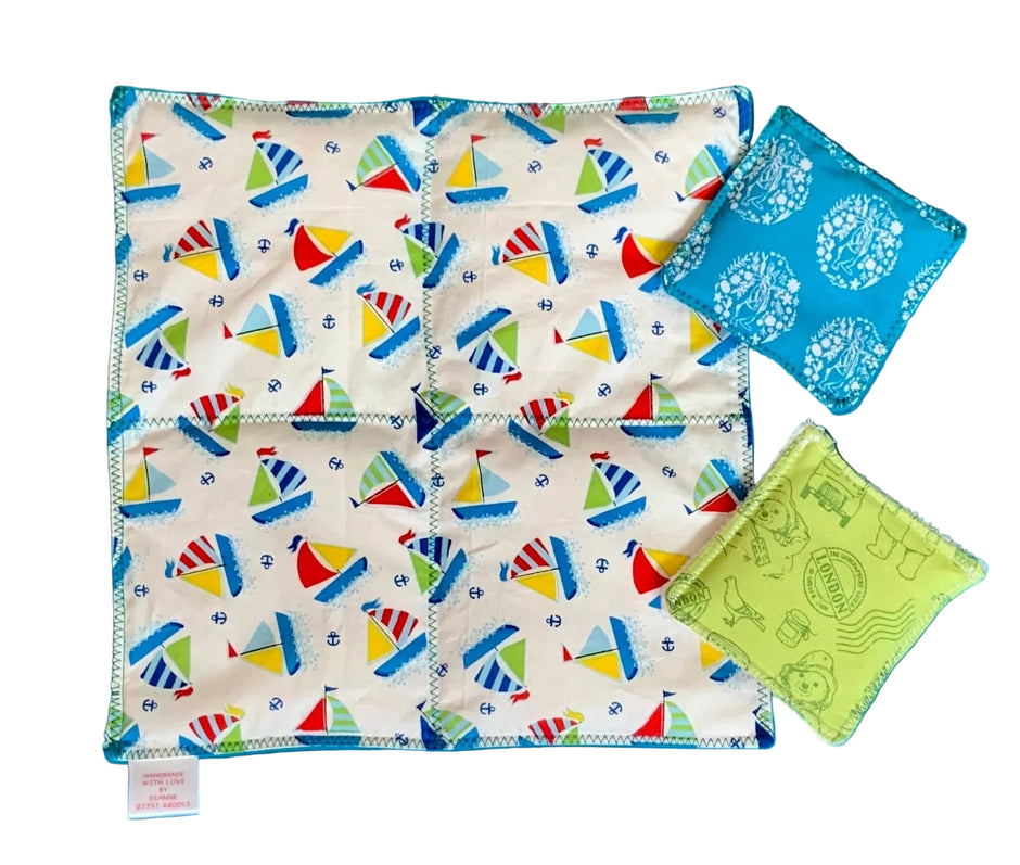Weighted lap pad and bean bags in different patterns and colours – therapeutic sensory tools for neurodivergent children by The Divergent Den
