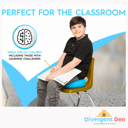 Child using wiggle seat cushion at desk for improved focus and self-regulation