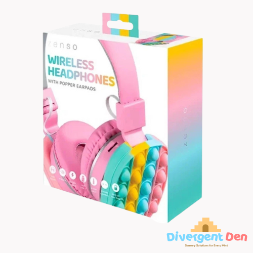 Sensory Fidget Headphones - Pink wireless headphones with colourful popper earpads in packaging, brand 'Divergent Den' visible.
