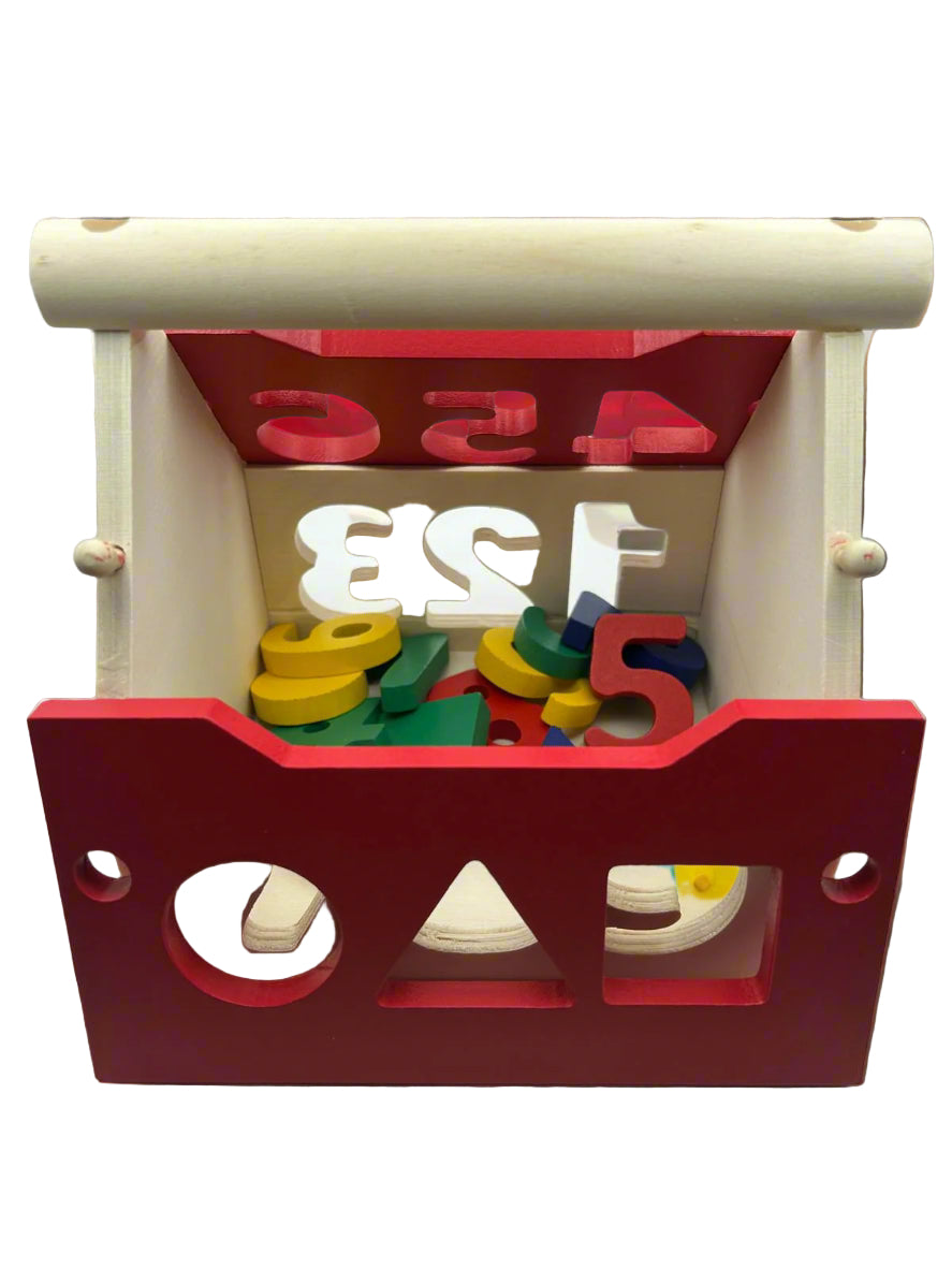 Close-up of Wooden Shape Sorter showing the number holes, l wooden blocks and shape-matching holes for learning play and the number shapes