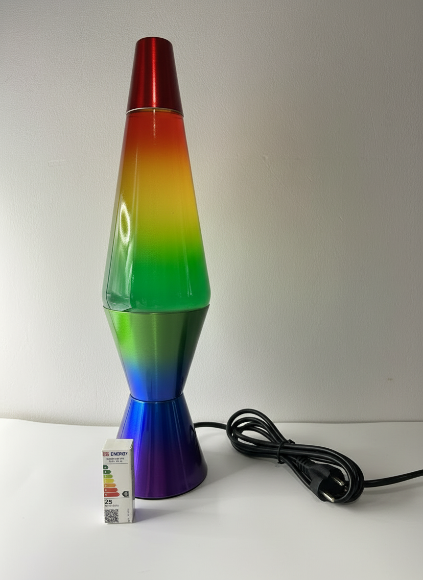 Rainbow metallic lava lamp with UK plug and energy rating label, mesmerising visual sensory tool