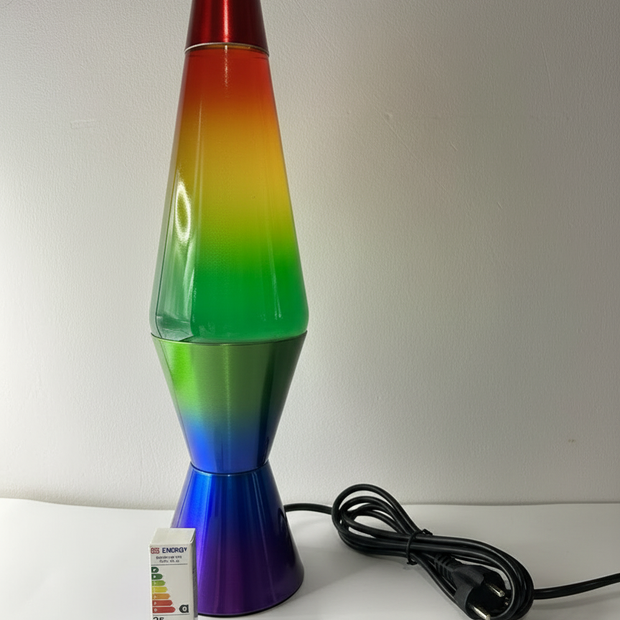 Rainbow metallic lava lamp with UK plug and energy rating label, mesmerising visual sensory tool
