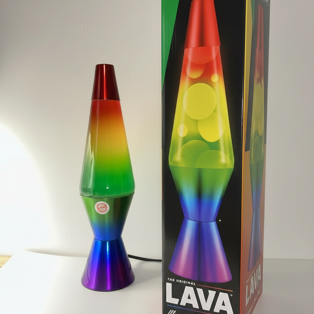 Rainbow gradient lava lamp 14.5" with original packaging box showing calming sensory light for ADHD and anxiety