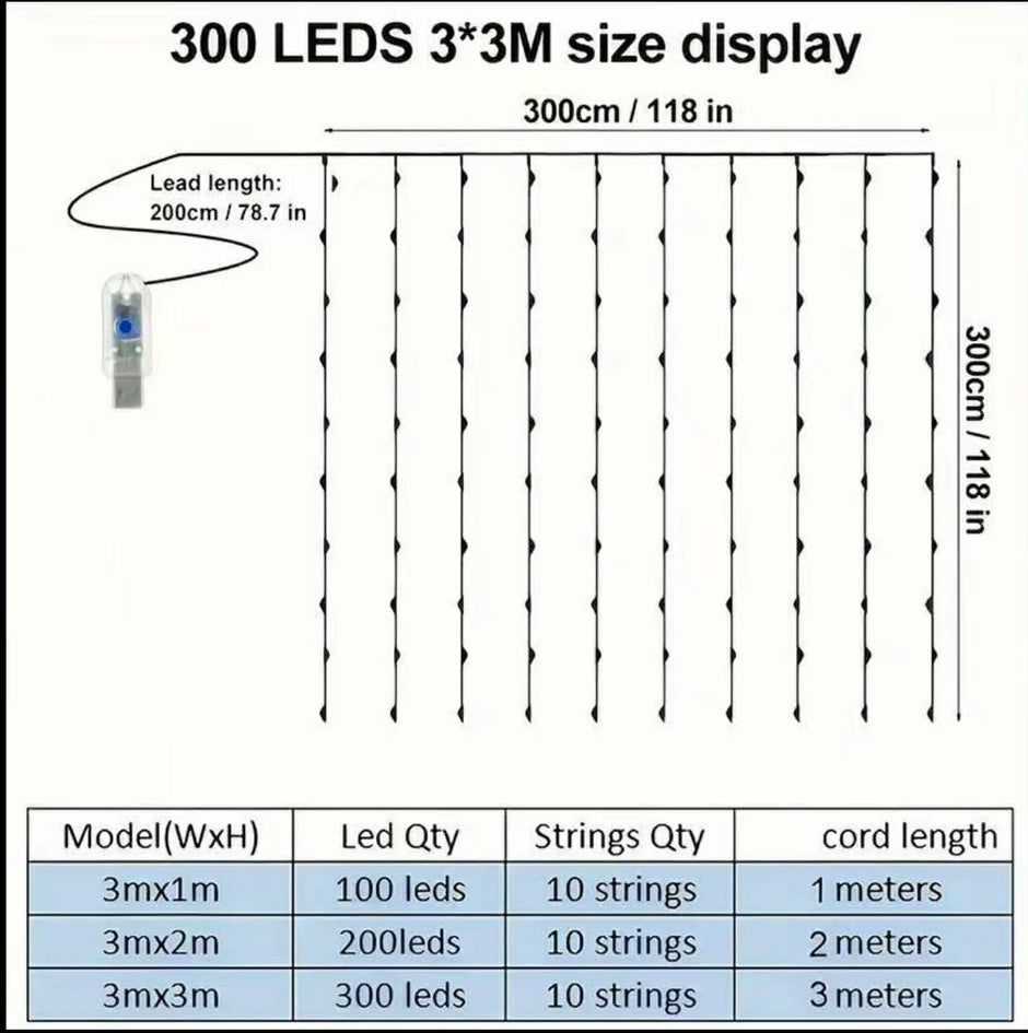Diagram of LED string lights with dimensions and specifications