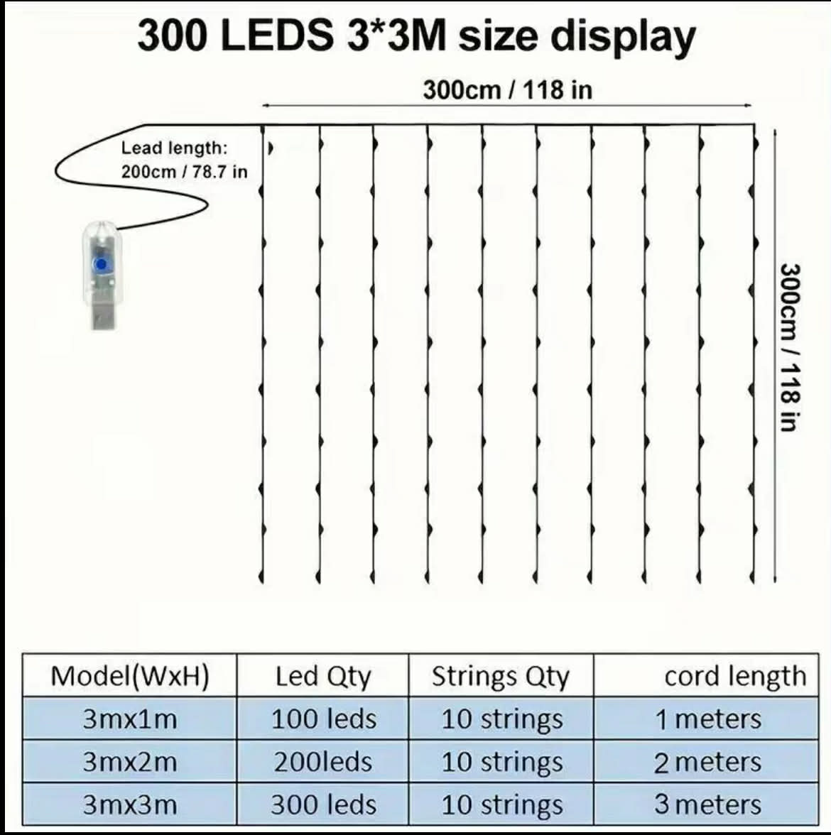 Diagram of LED string lights with dimensions and specifications