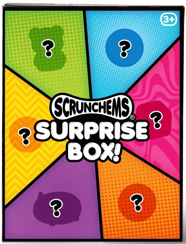Scrunchems Surprise Box packaging with colorful design and question marks on a black border.