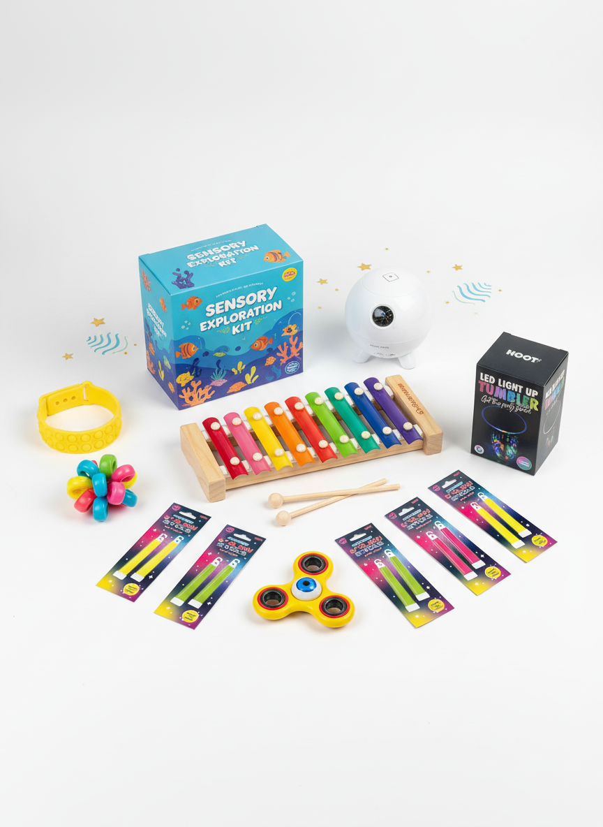 Sensory Starter Bundle 8-Piece Poster for the bundle describing what is included in bundle for neurodivergent people. ADHD, ASD, SPD AND MORE!