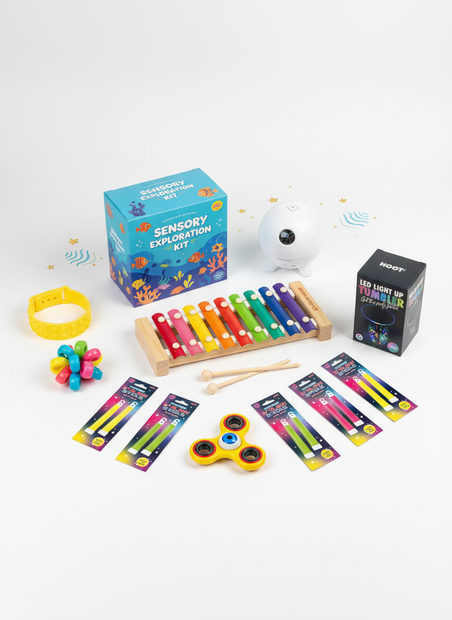 Sensory Starter Bundle 8-Piece Poster for the bundle describing what is included in bundle for neurodivergent people. ADHD, ASD, SPD AND MORE!