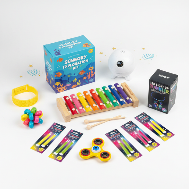 Sensory Starter Bundle 8-Piece Poster for the bundle describing what is included in bundle for neurodivergent people. ADHD, ASD, SPD AND MORE!