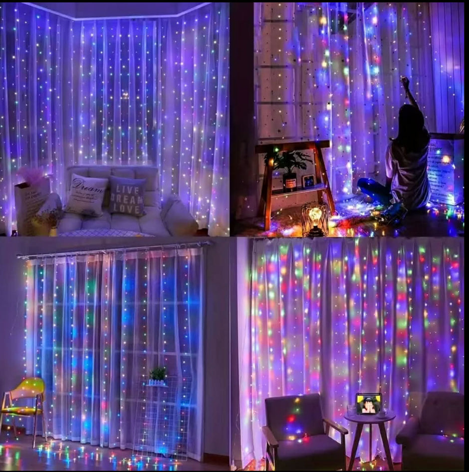 Collage of LED string lights in various rooms with colorful illumination.