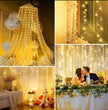 sensory led curtain lights collage  - Collage of string lights in various settings including a bedroom, hallway, and wedding reception.