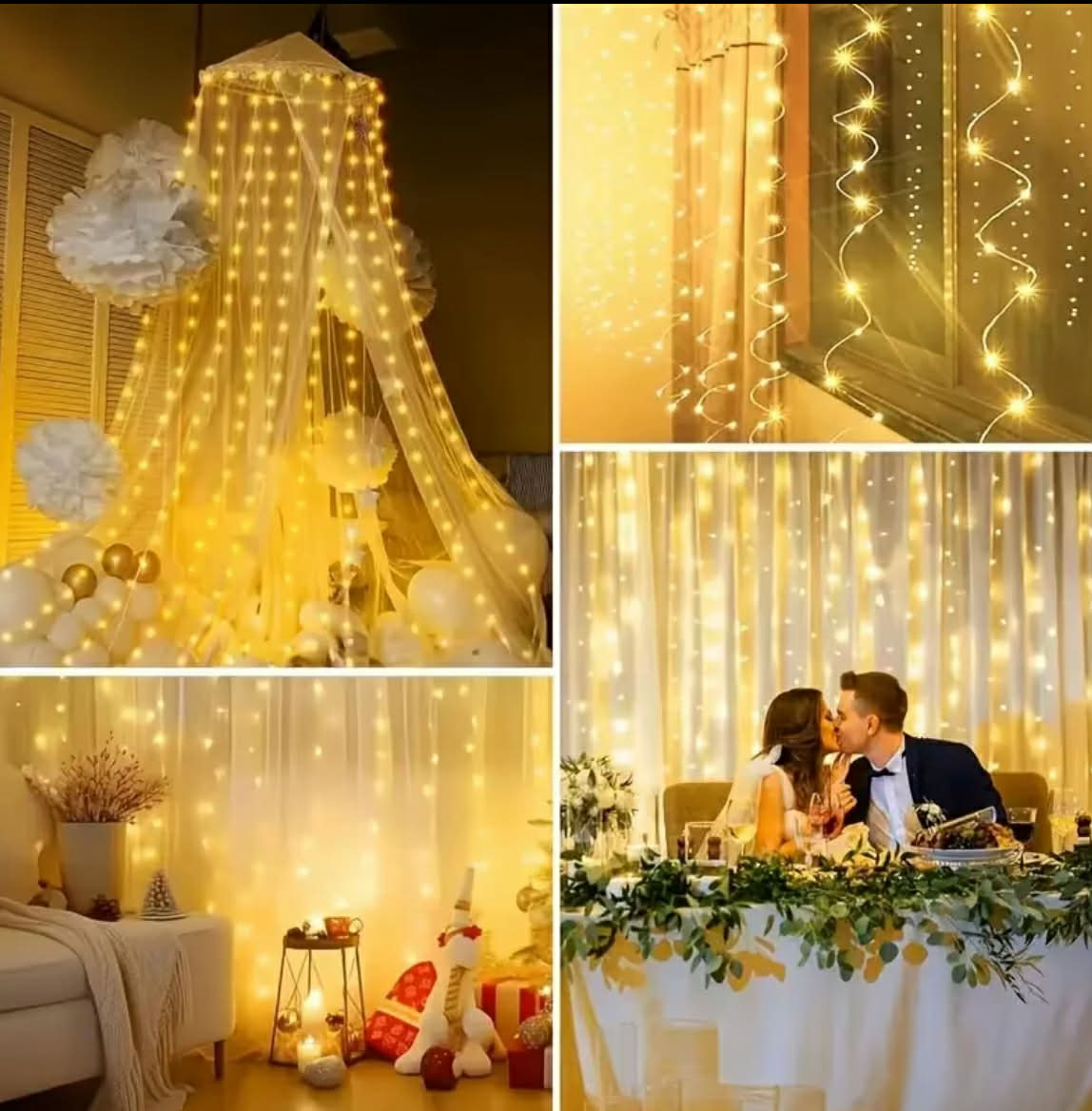 sensory led curtain lights collage  - Collage of string lights in various settings including a bedroom, hallway, and wedding reception.