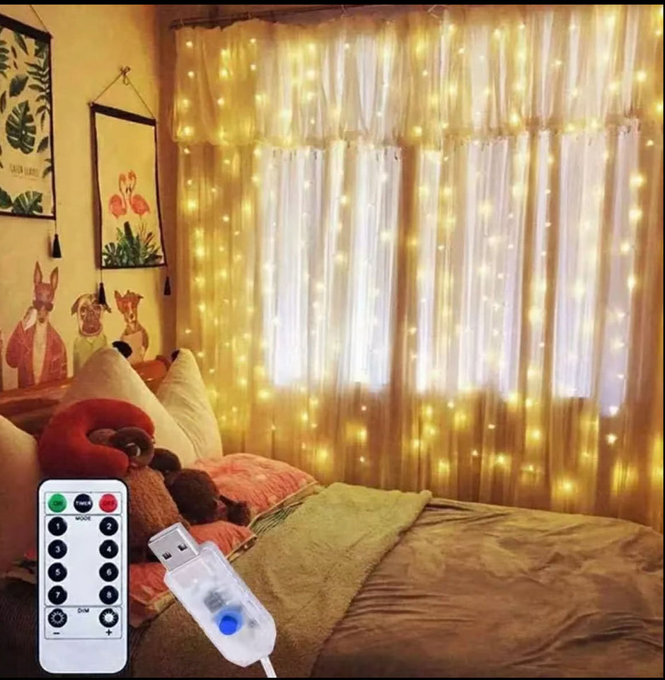 LED sensory curtain lights hanging in child's bedroom creating calming visual stimulation