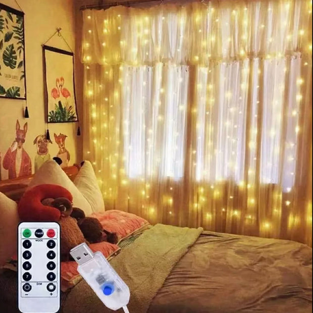 LED sensory curtain lights hanging in child's bedroom creating calming visual stimulation