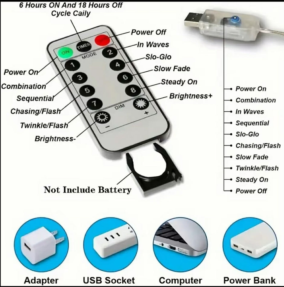 Remote control with various light effect options and power sources displayed.