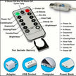 Remote control with various light effect options and power sources displayed.