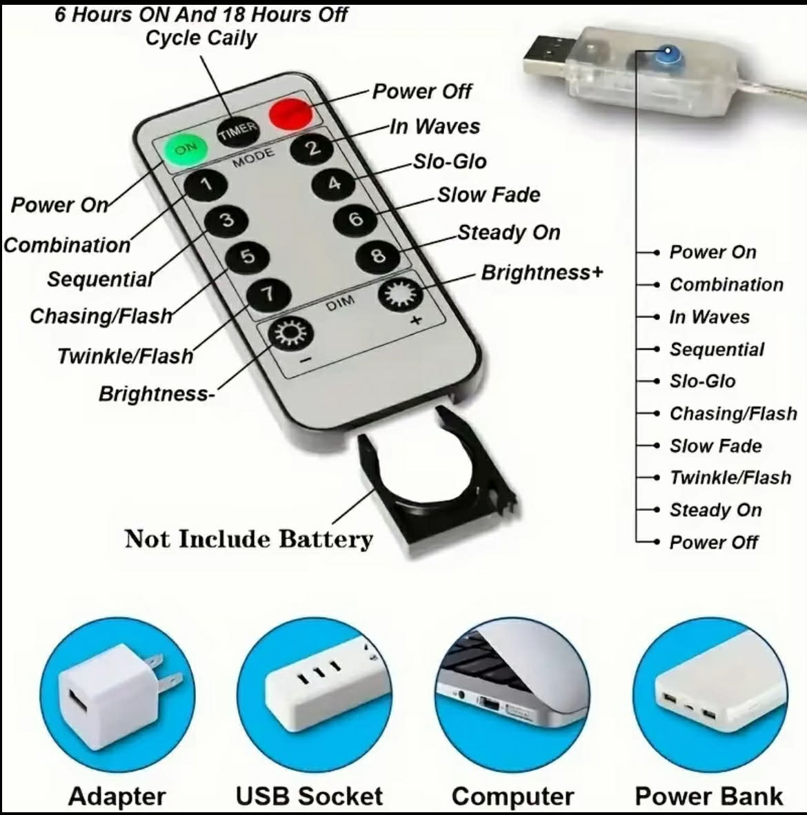 Remote control with various light effect options and power sources displayed.