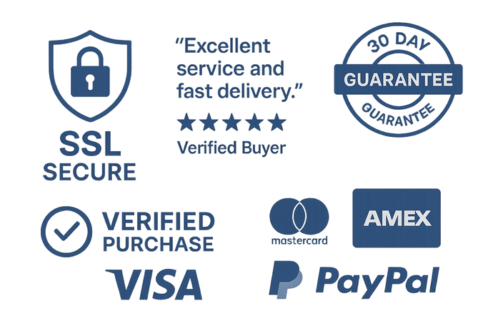 trust signals image. Using colour codes #d0d3d6 & #2e5c9a